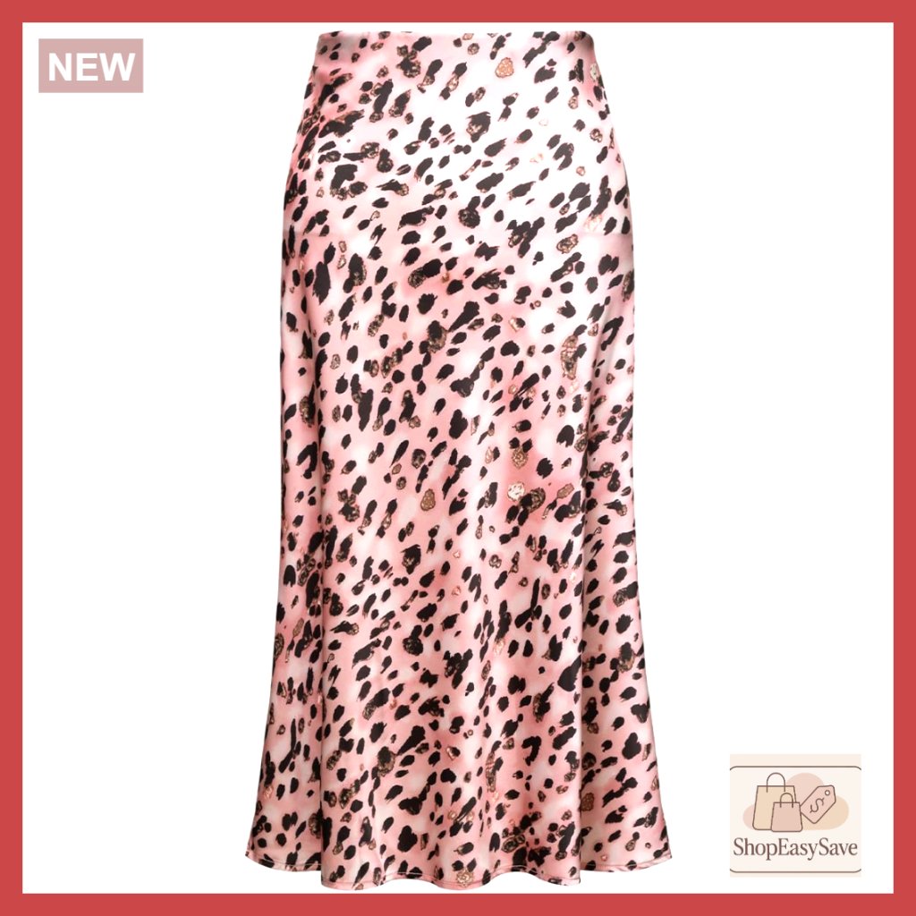 Satin Midi Skirt High Waist Elastic A-Line Leopard Print Trendy Summer Chic